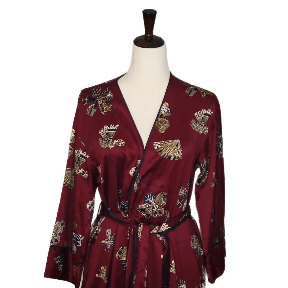 Natori Kimono Robe with Belt Burgundy Red Fan Pattern Size Small